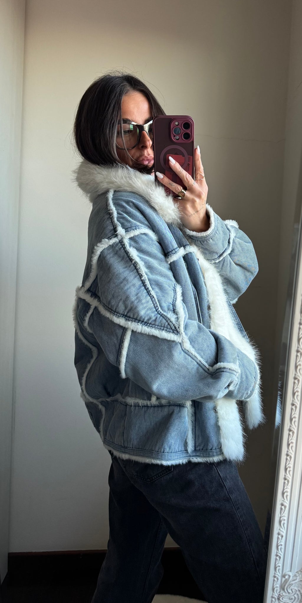 Giacca denim foderata con ecopelliccia