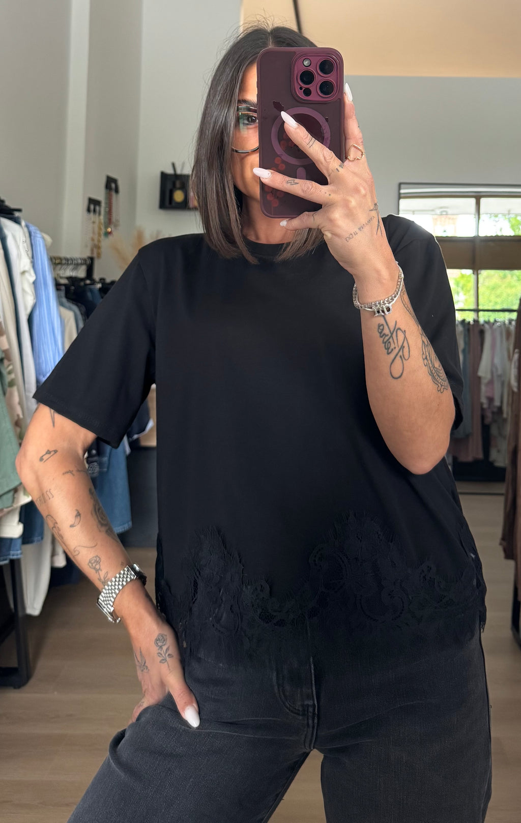 T-shirt a scatola con pizzo