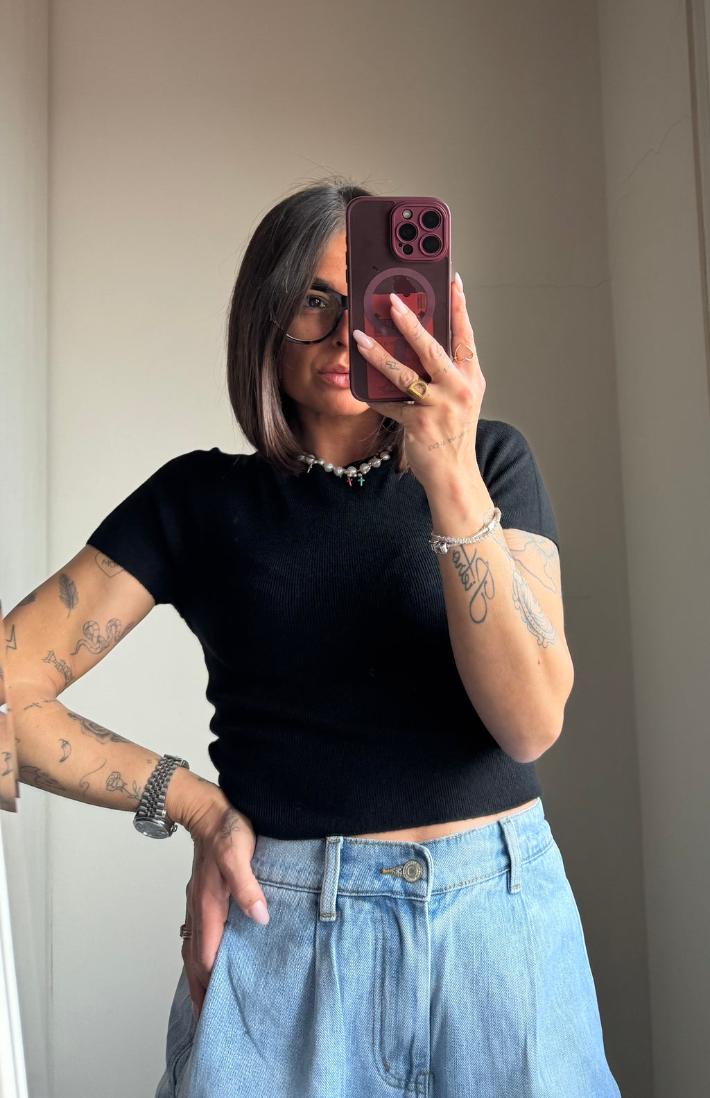 Pullover crop in maglia maniche corte