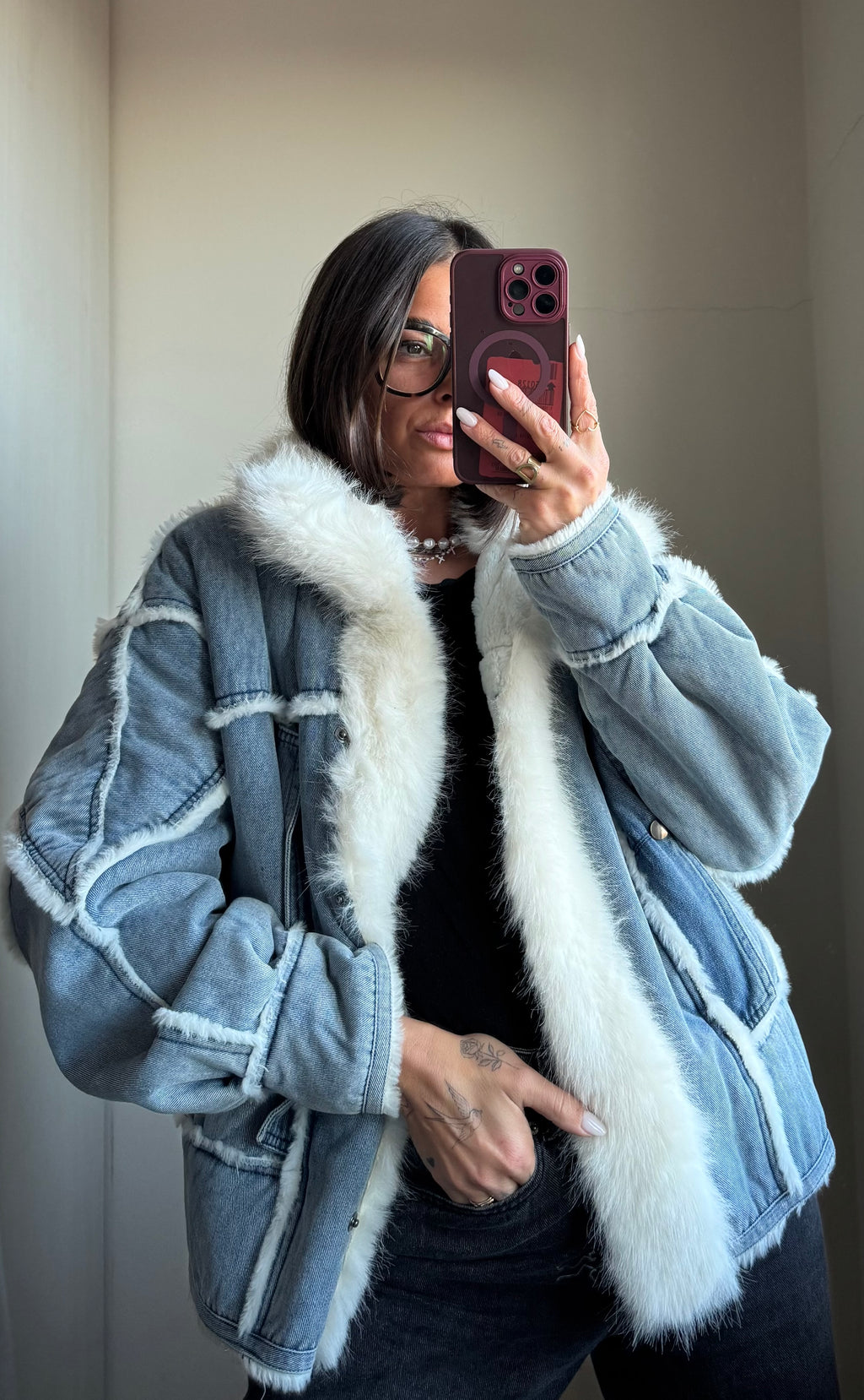 Giacca denim foderata con ecopelliccia