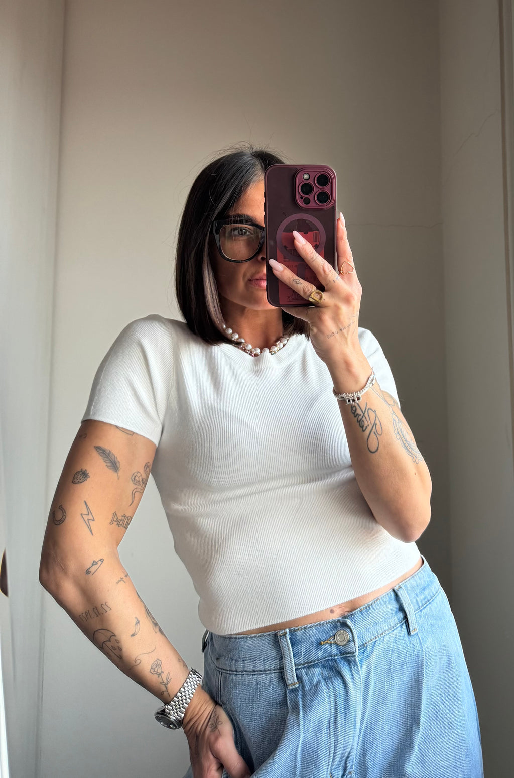 Pullover crop in maglia maniche corte