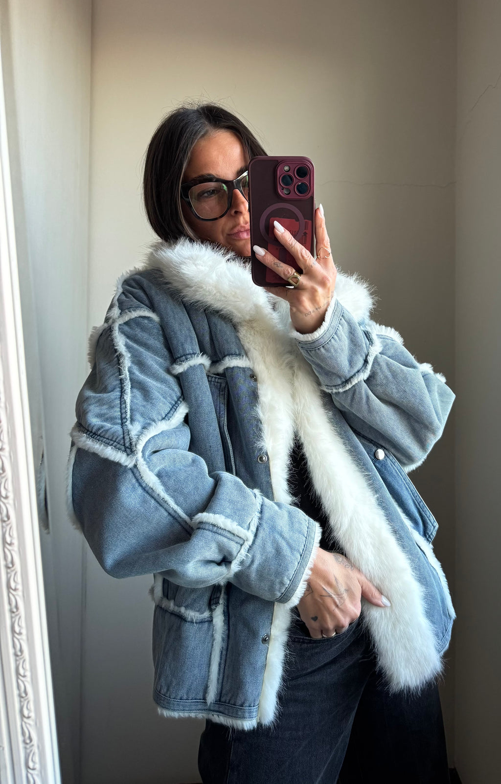 Giacca denim foderata con ecopelliccia